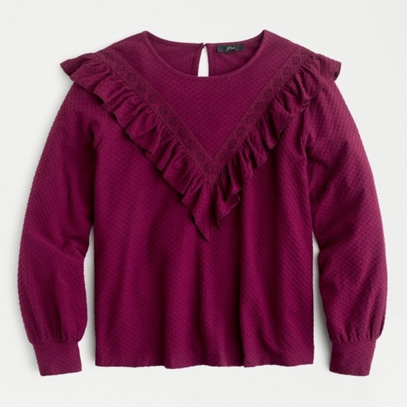 J. Crew Tops - J. Crew Ruffle-trim honeycomb-knit cotton top in Vintage Burgundy